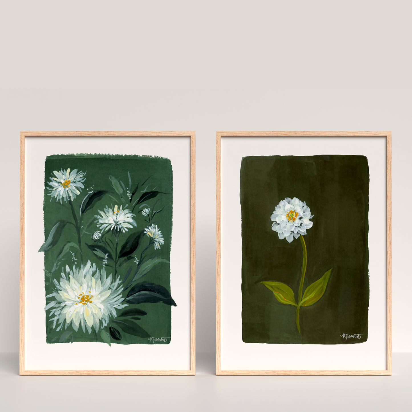 Dahlias In Verte Moody Gouache Art Print