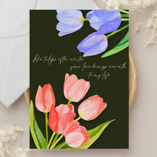 Tulips In Winter Anniversary Multi Color In Green Valentine's Day Greeting Card
