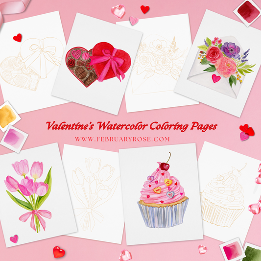 Valentine's Day Watercolor Coloring Pages Paint Kit - BEGINNER FRIENDLY TO ADVANCED