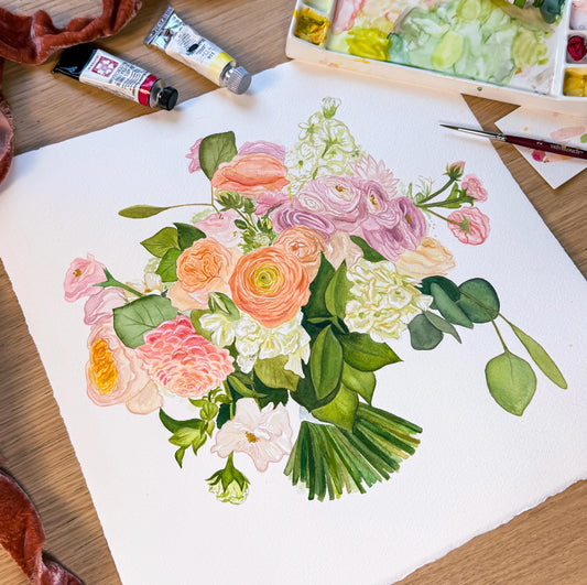 Custom Watercolor Special Occasion, Wedding, Anniversary Floral Bouquet Painting