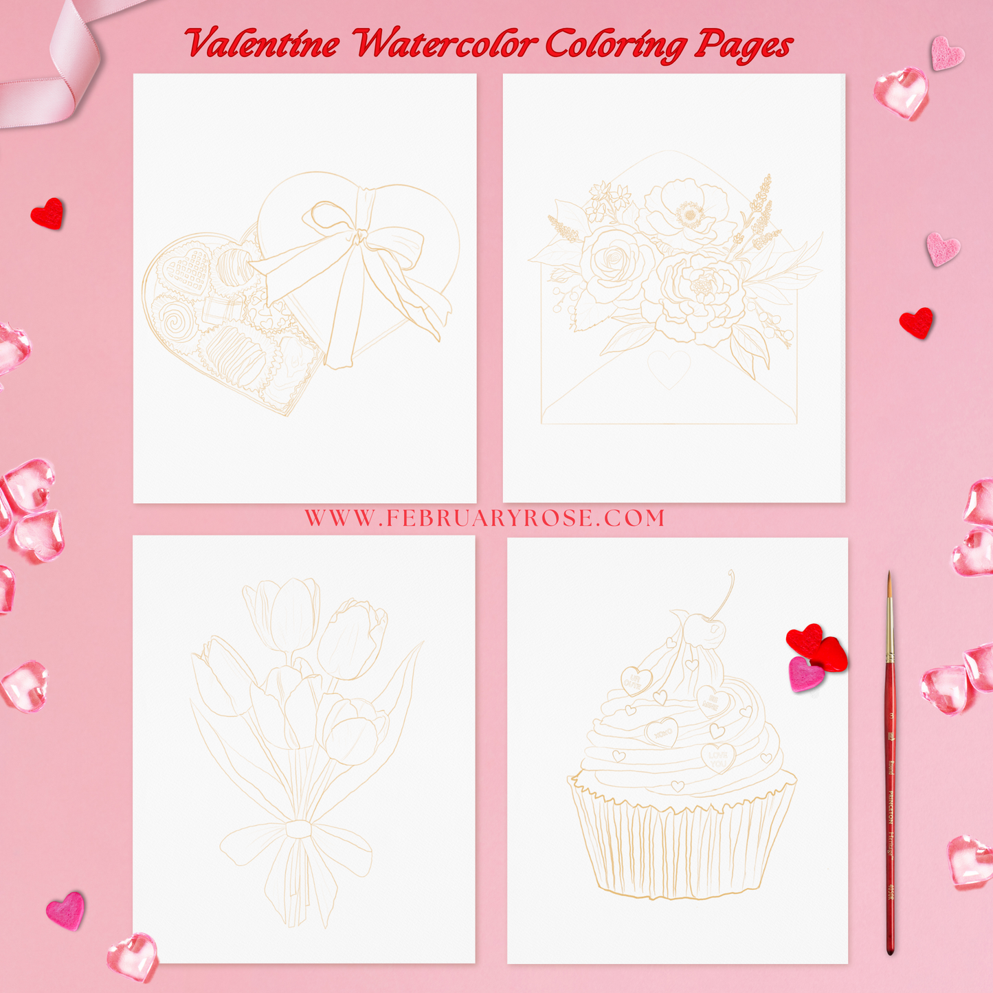 Valentine's Day Watercolor Coloring Pages ONLY