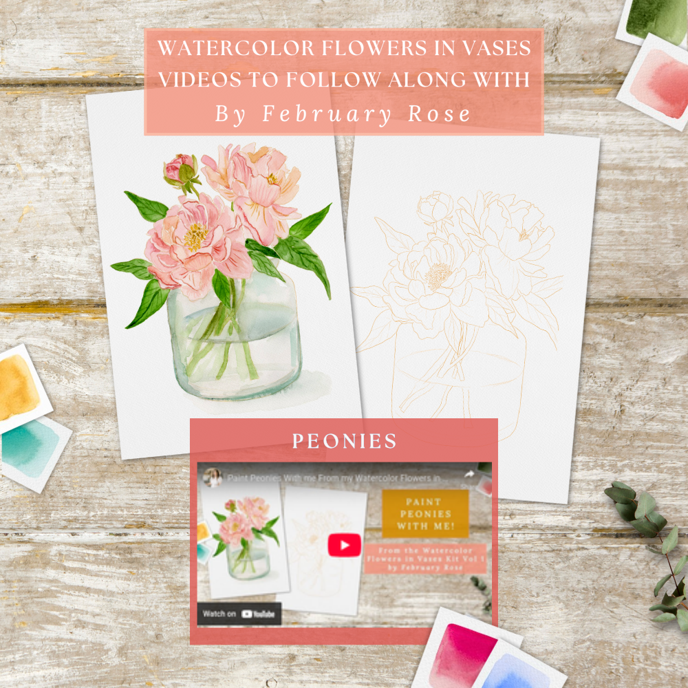 Watercolor Flowers in Vases Collection No. 1 Watercolor Coloring Pages Paint Kit - BEGINNER FRIENDLY TO ADVANCED