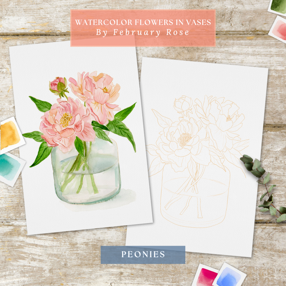 Watercolor Flowers in Vases Collection No. 1 Watercolor Coloring Pages ONLY
