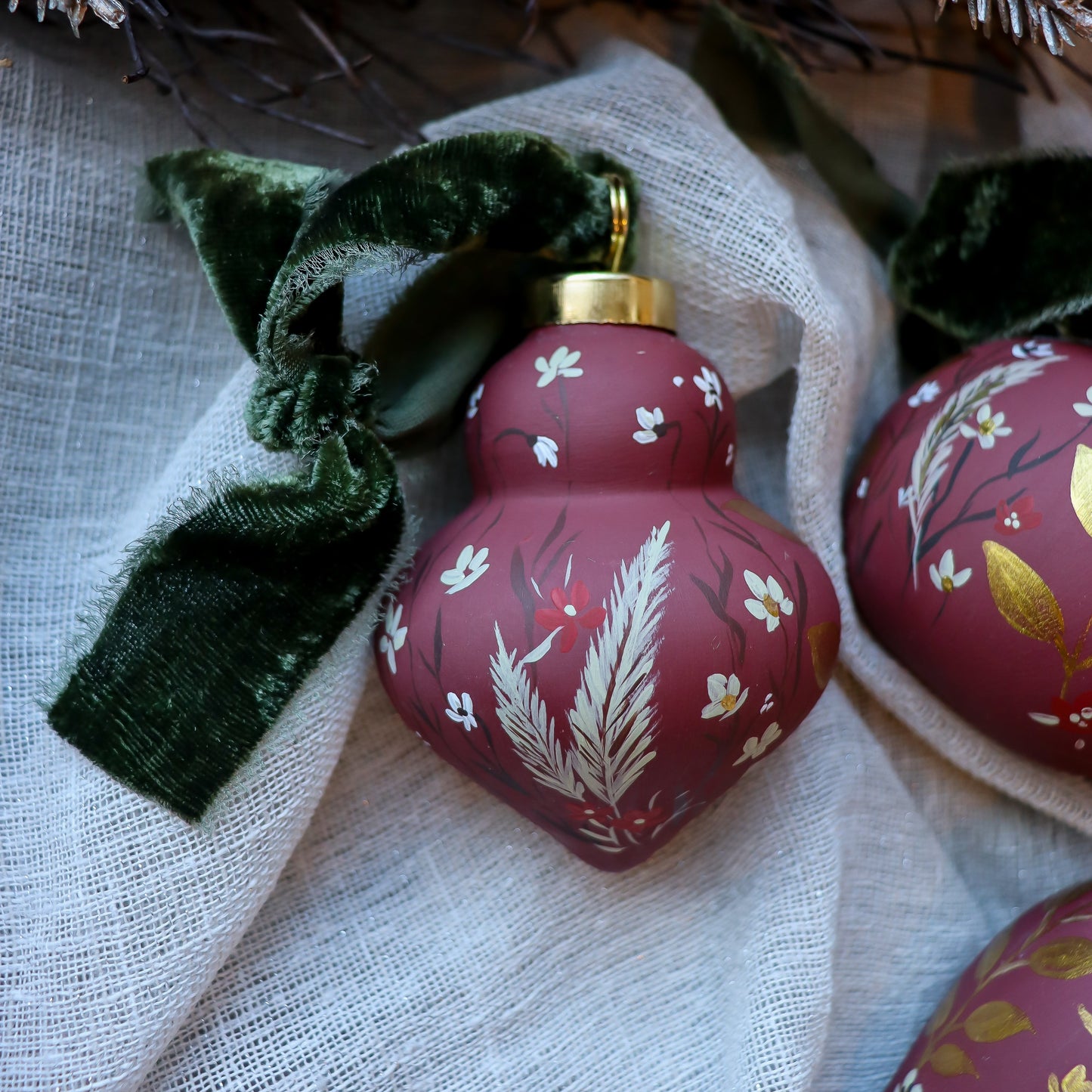 Botanicals in Scarlet Finial Shaped Ceramic Ornament