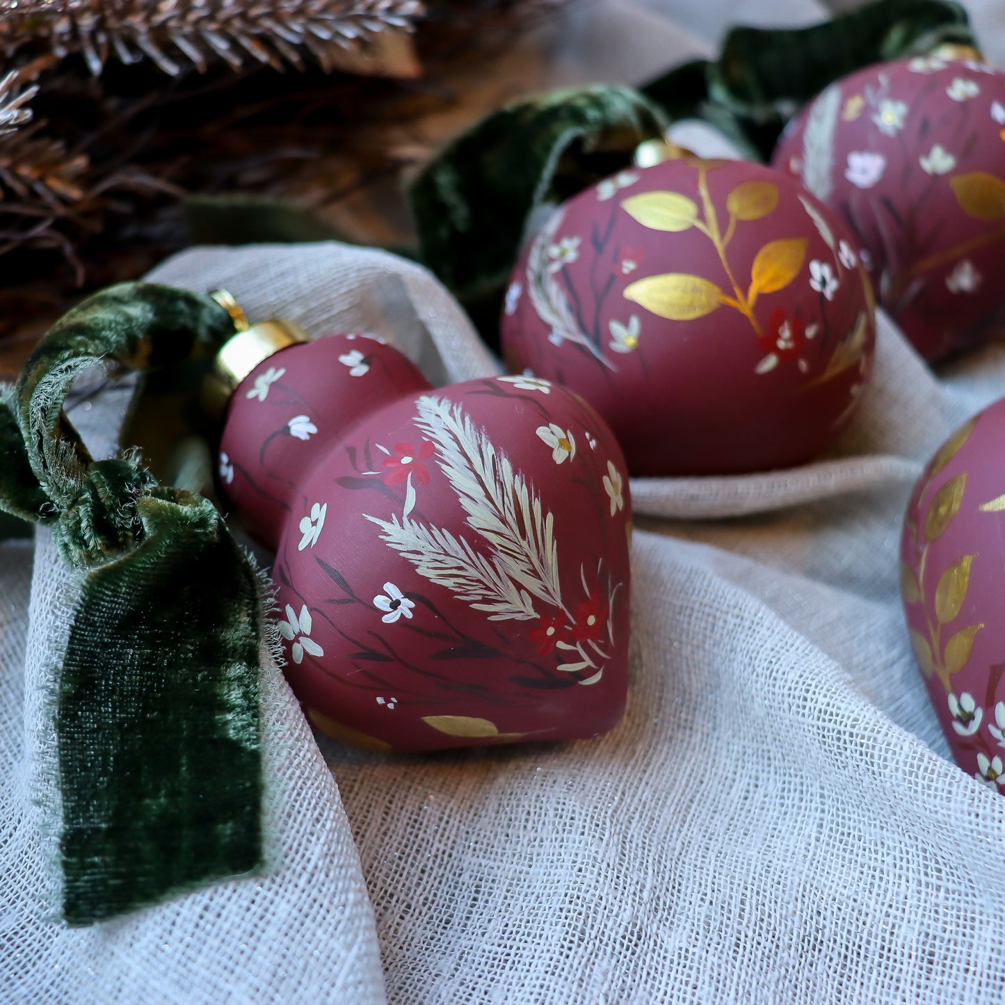 Botanicals in Scarlet Finial Shaped Ceramic Ornament