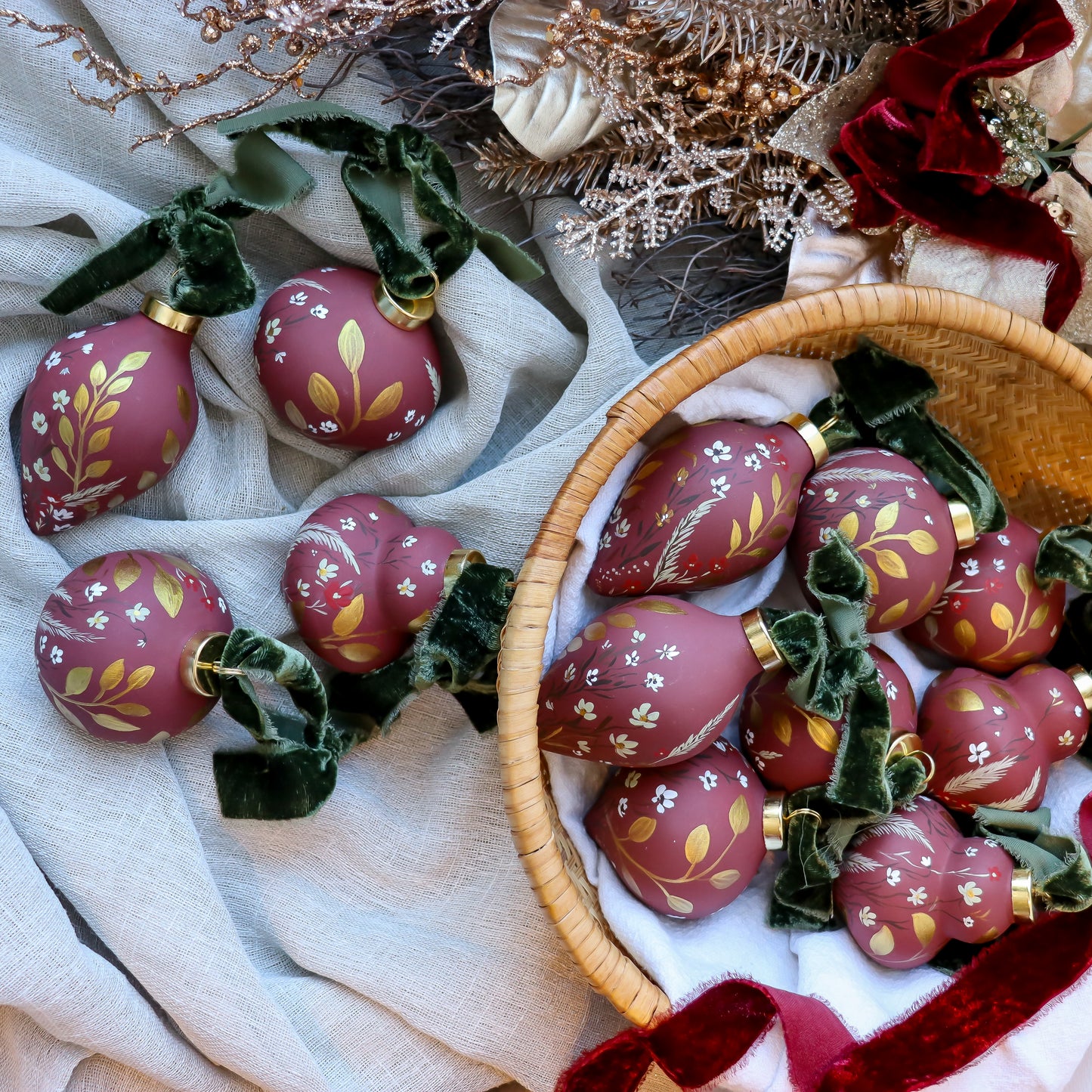 Botanicals in Scarlet Icicle Shaped Ceramic Ornament