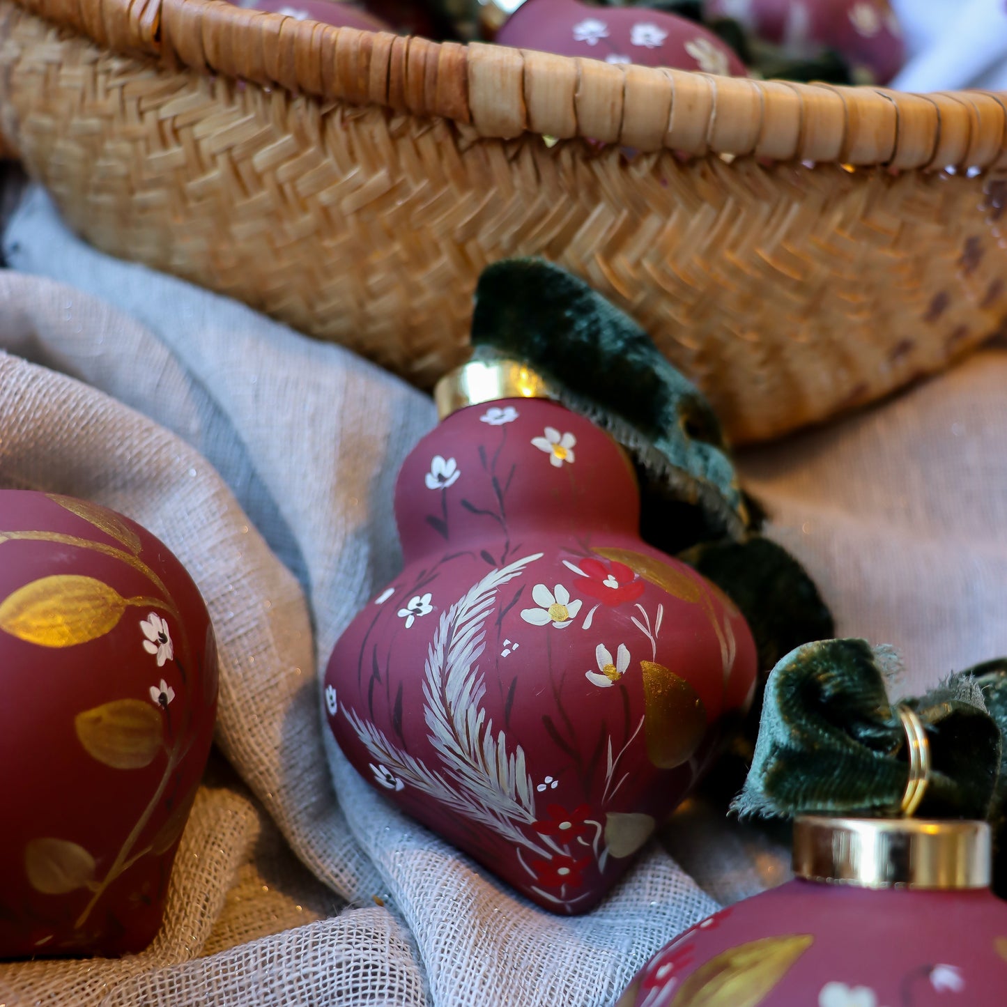 Botanicals in Scarlet Finial Shaped Ceramic Ornament