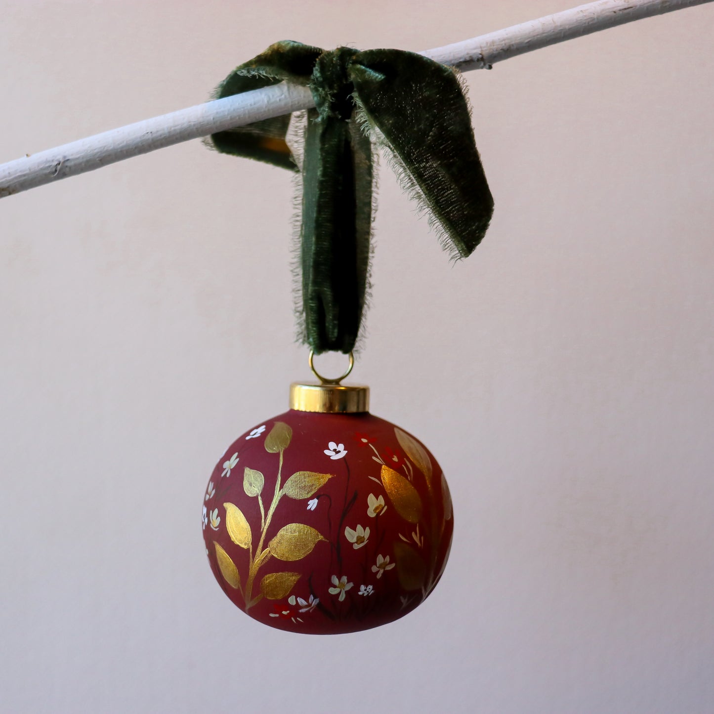 Botanicals in Scarlet Round Shaped Ceramic Ornament