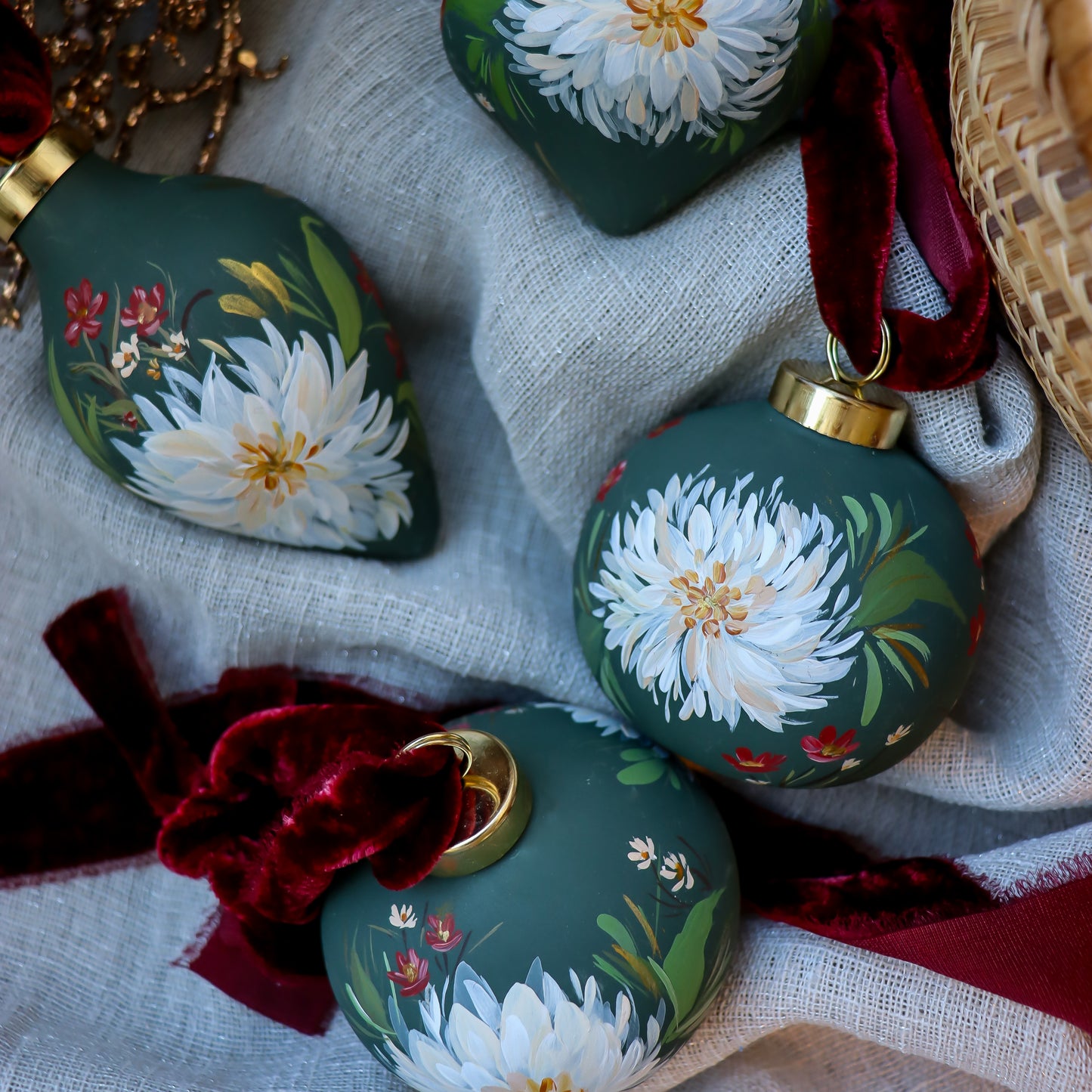 Dahlias in Verte Icicle shaped Ceramic Ornament