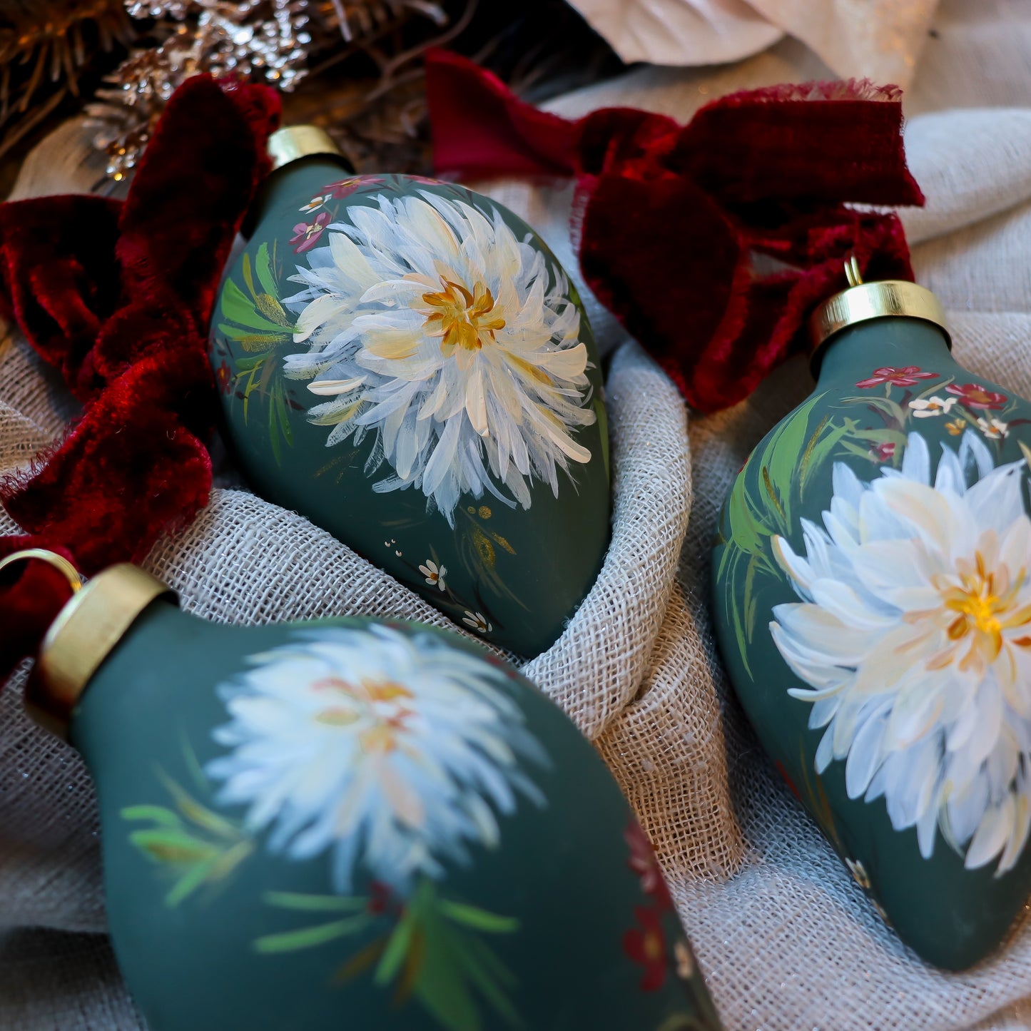 Dahlias in Verte Icicle shaped Ceramic Ornament