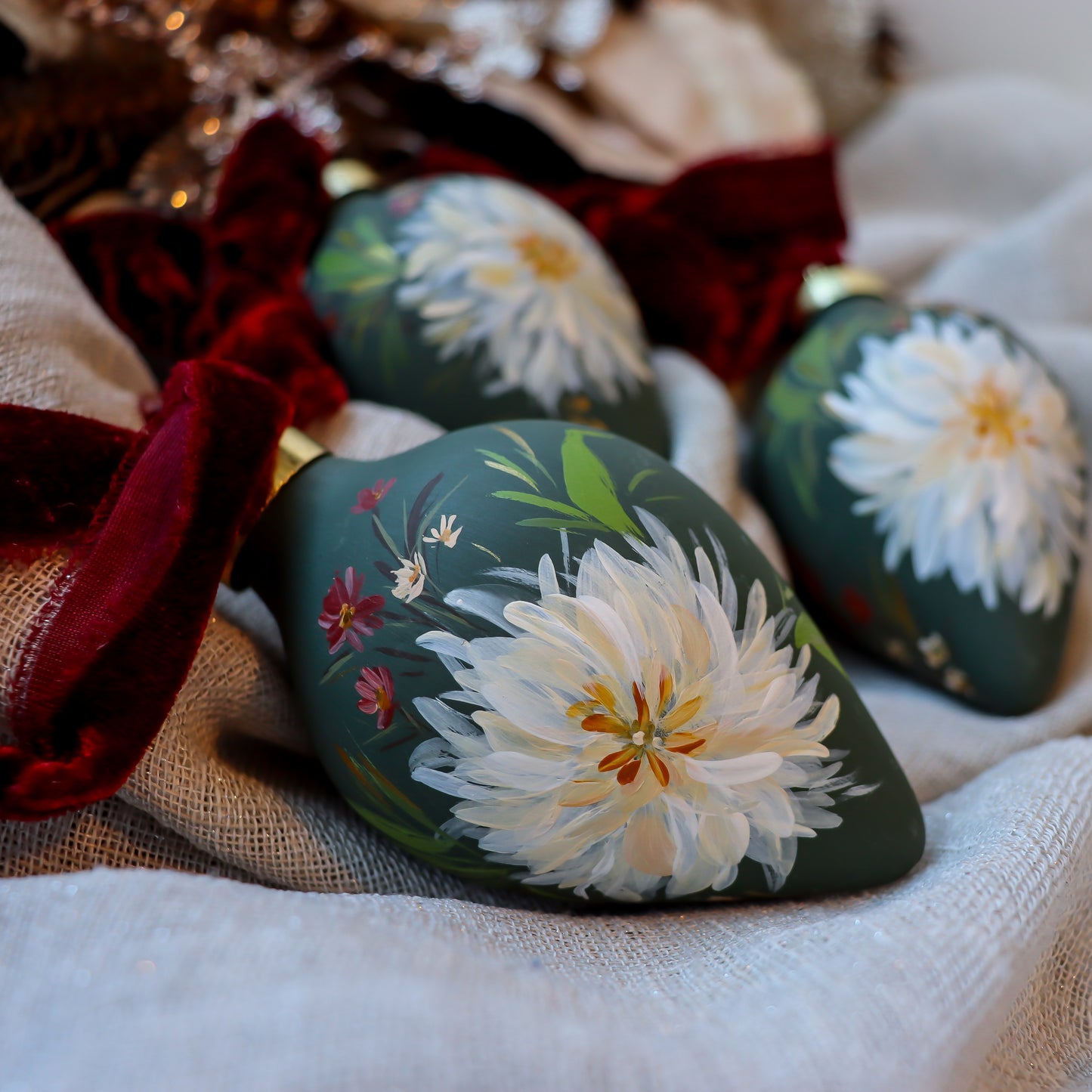 Dahlias in Verte Icicle shaped Ceramic Ornament