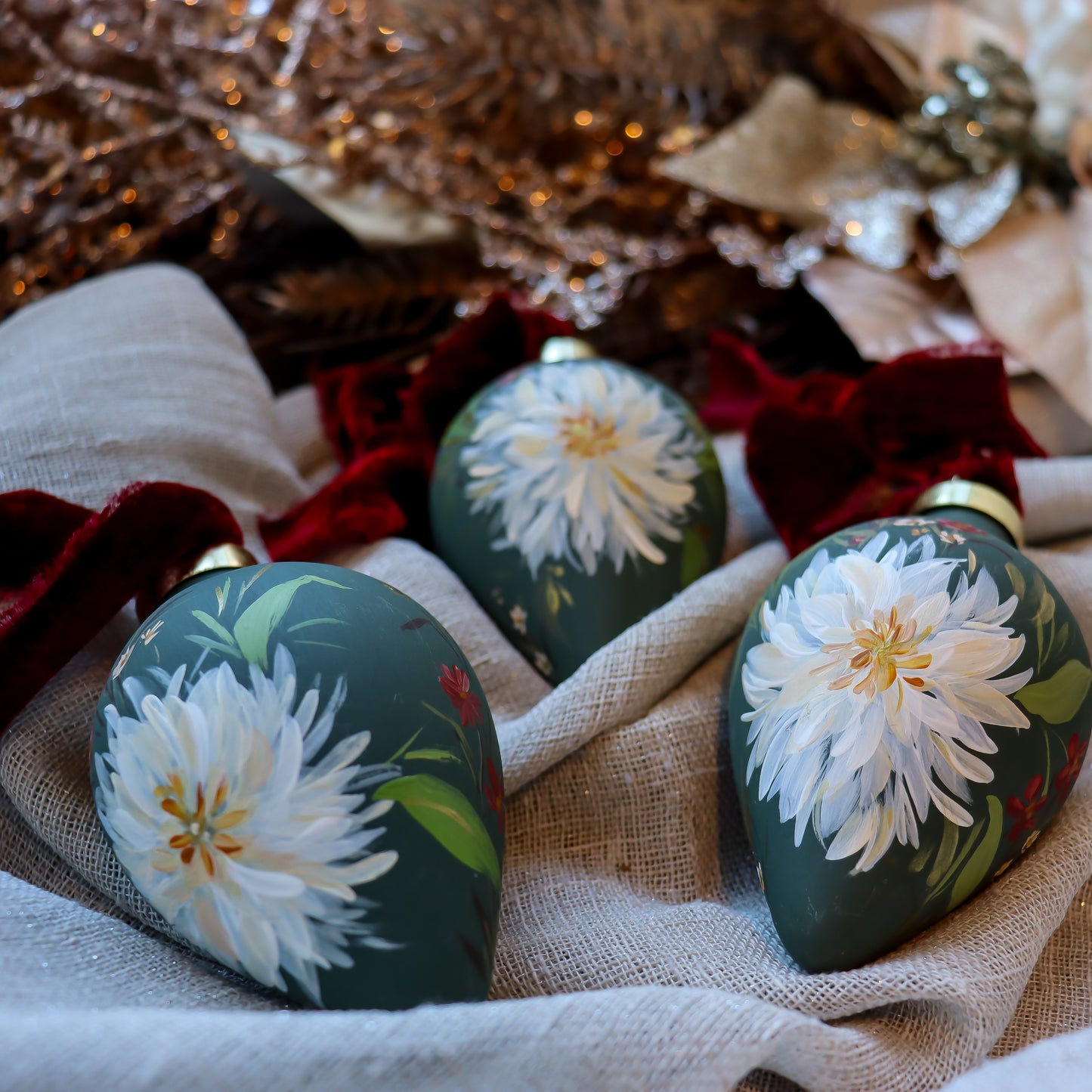Dahlias in Verte Icicle shaped Ceramic Ornament