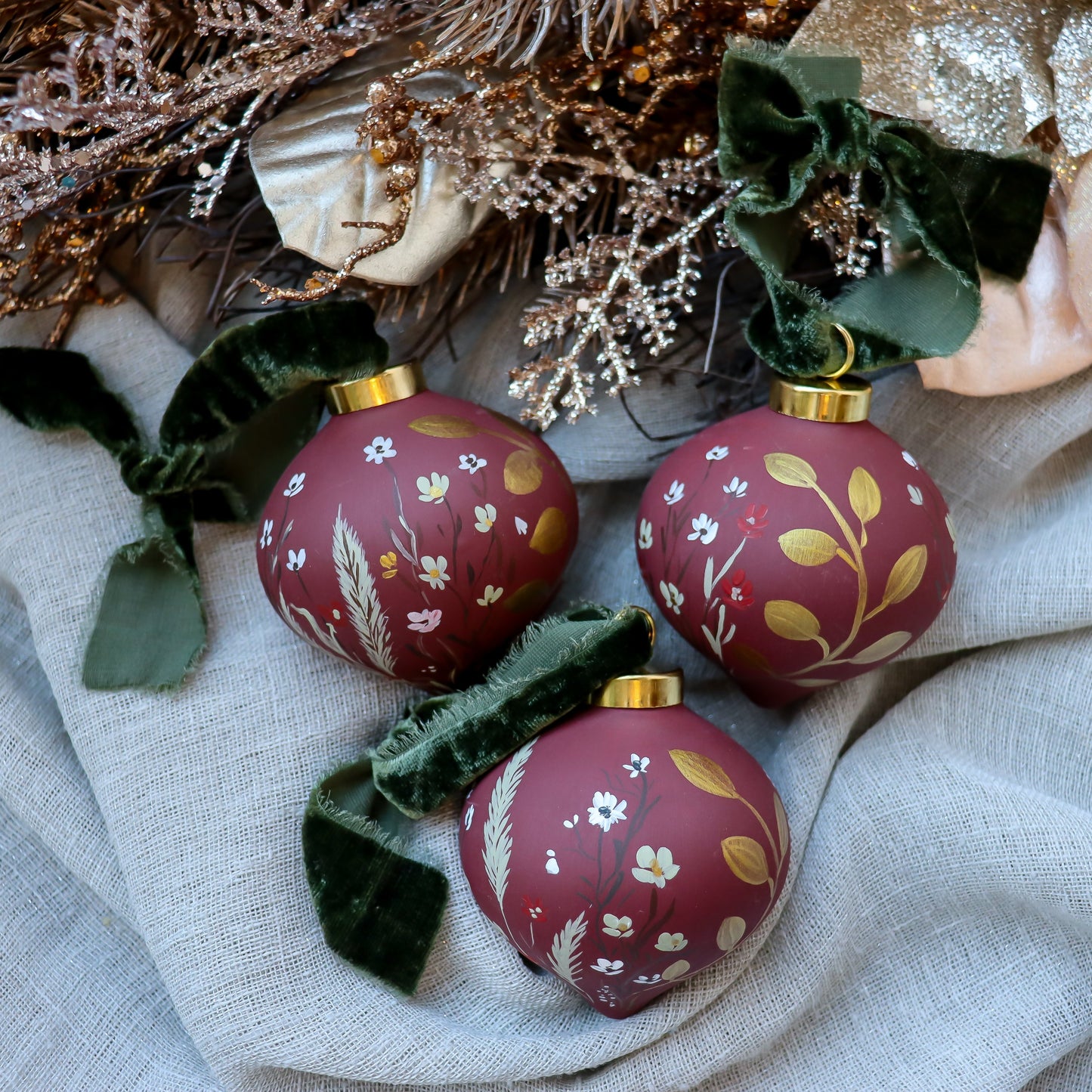Botanicals in Scarlet Icicle Shaped Ceramic Ornament
