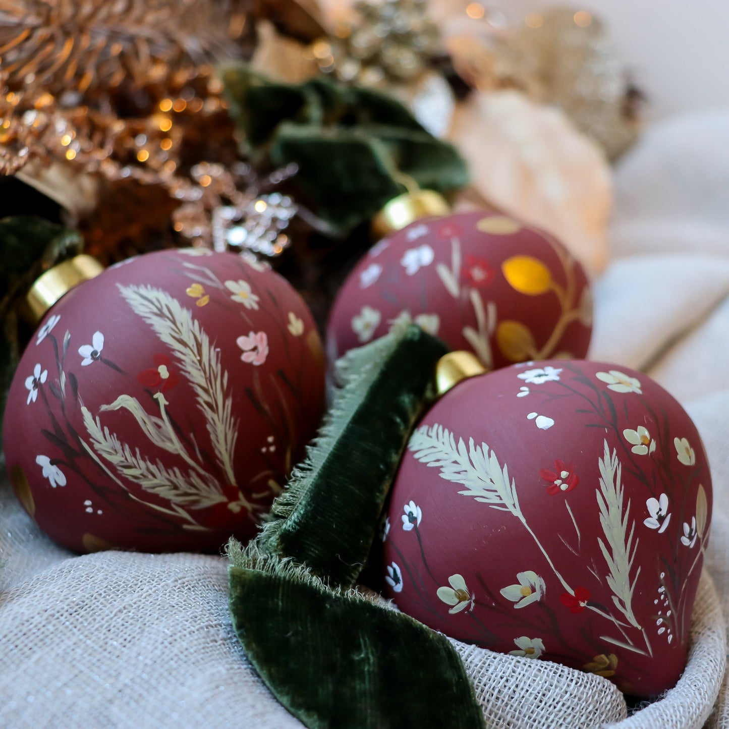 Botanicals in Scarlet Icicle Shaped Ceramic Ornament