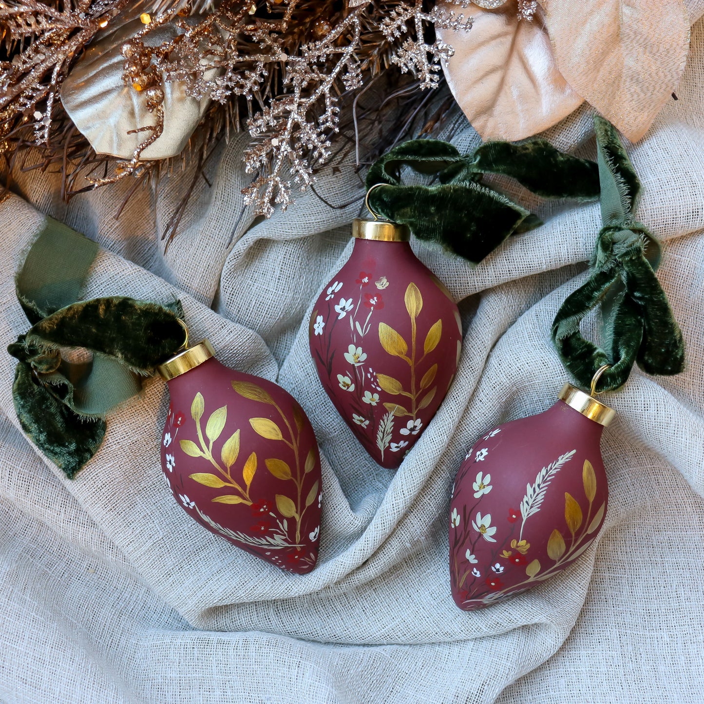 Botanicals in Scarlet Icicle Shaped Ceramic Ornament