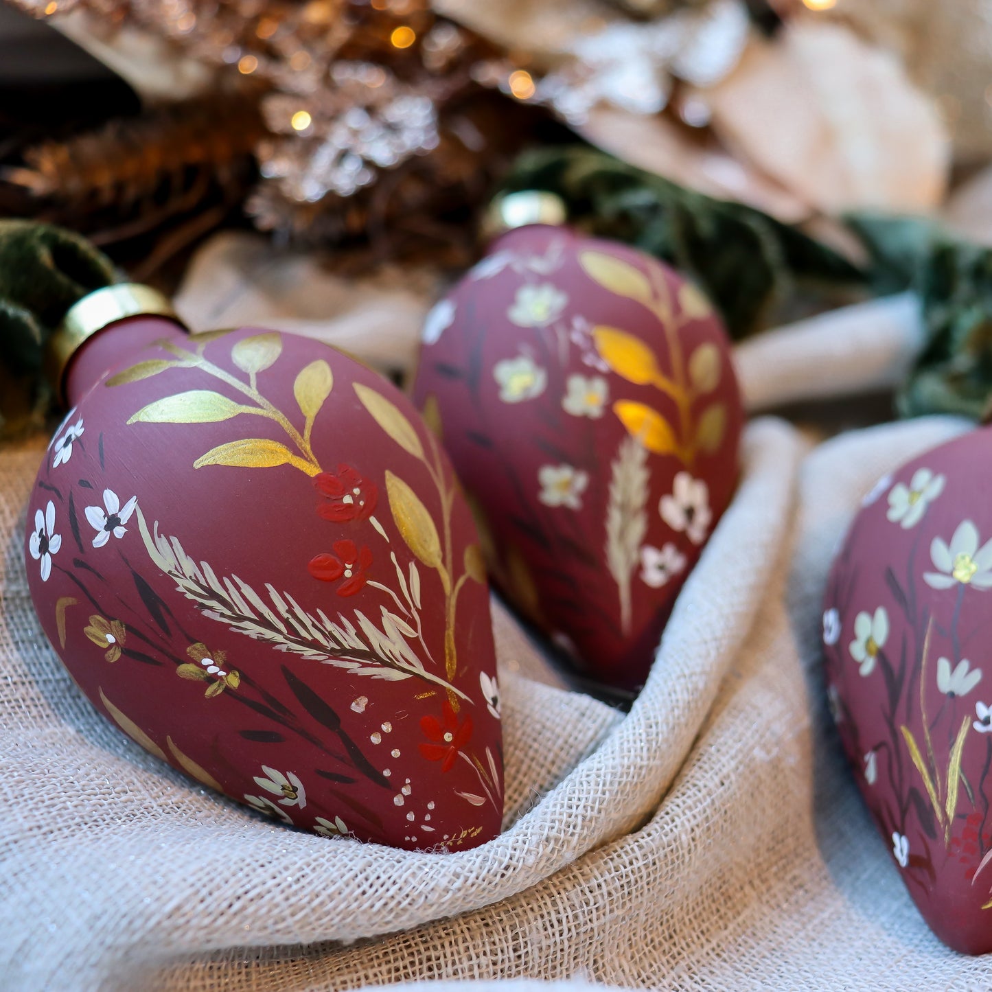 Botanicals in Scarlet Icicle Shaped Ceramic Ornament