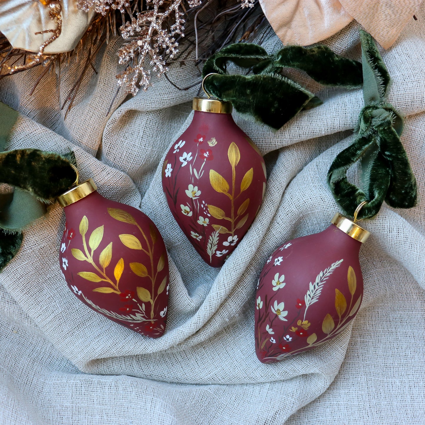 Botanicals in Scarlet Icicle Shaped Ceramic Ornament