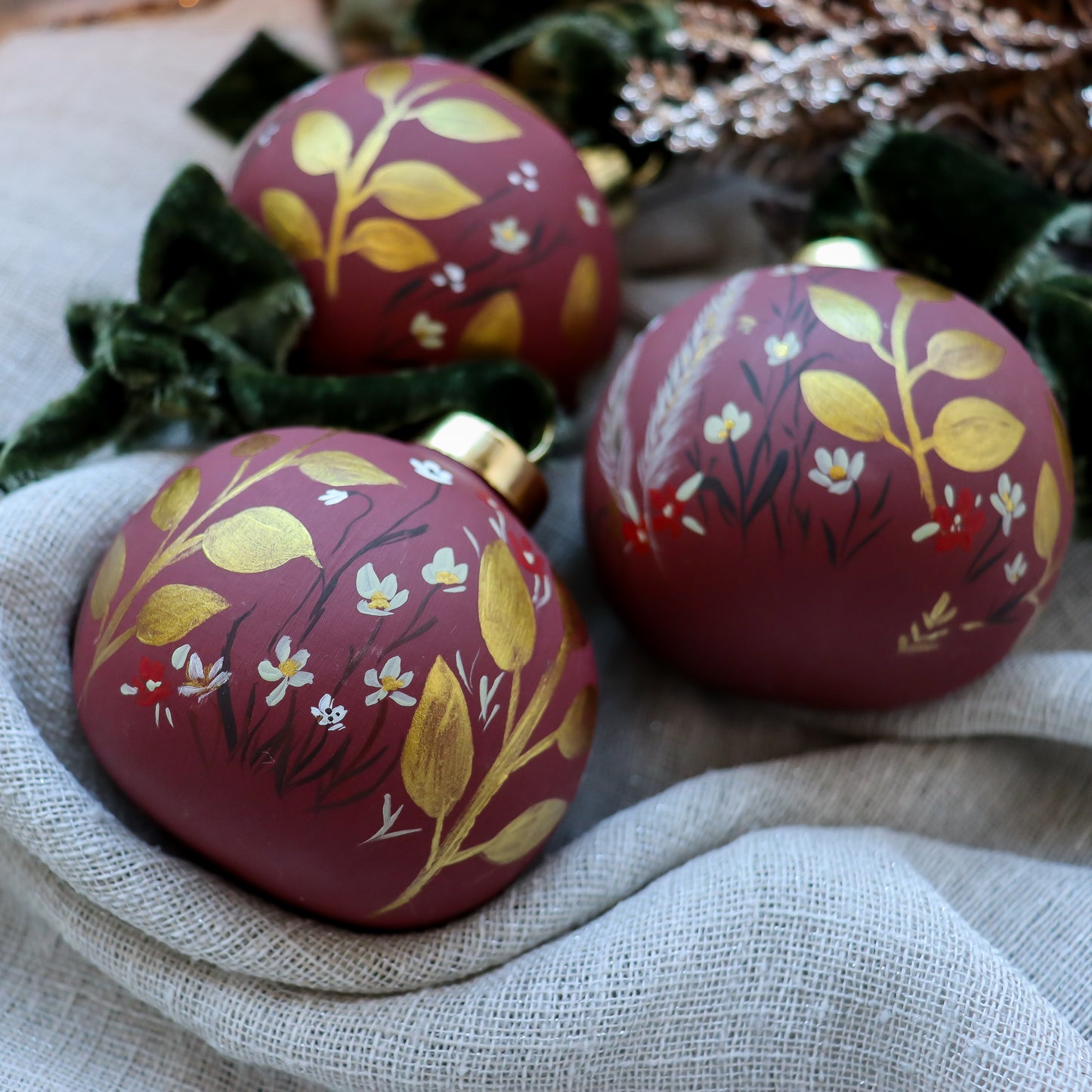 Botanicals in Scarlet Round Shaped Ceramic Ornament