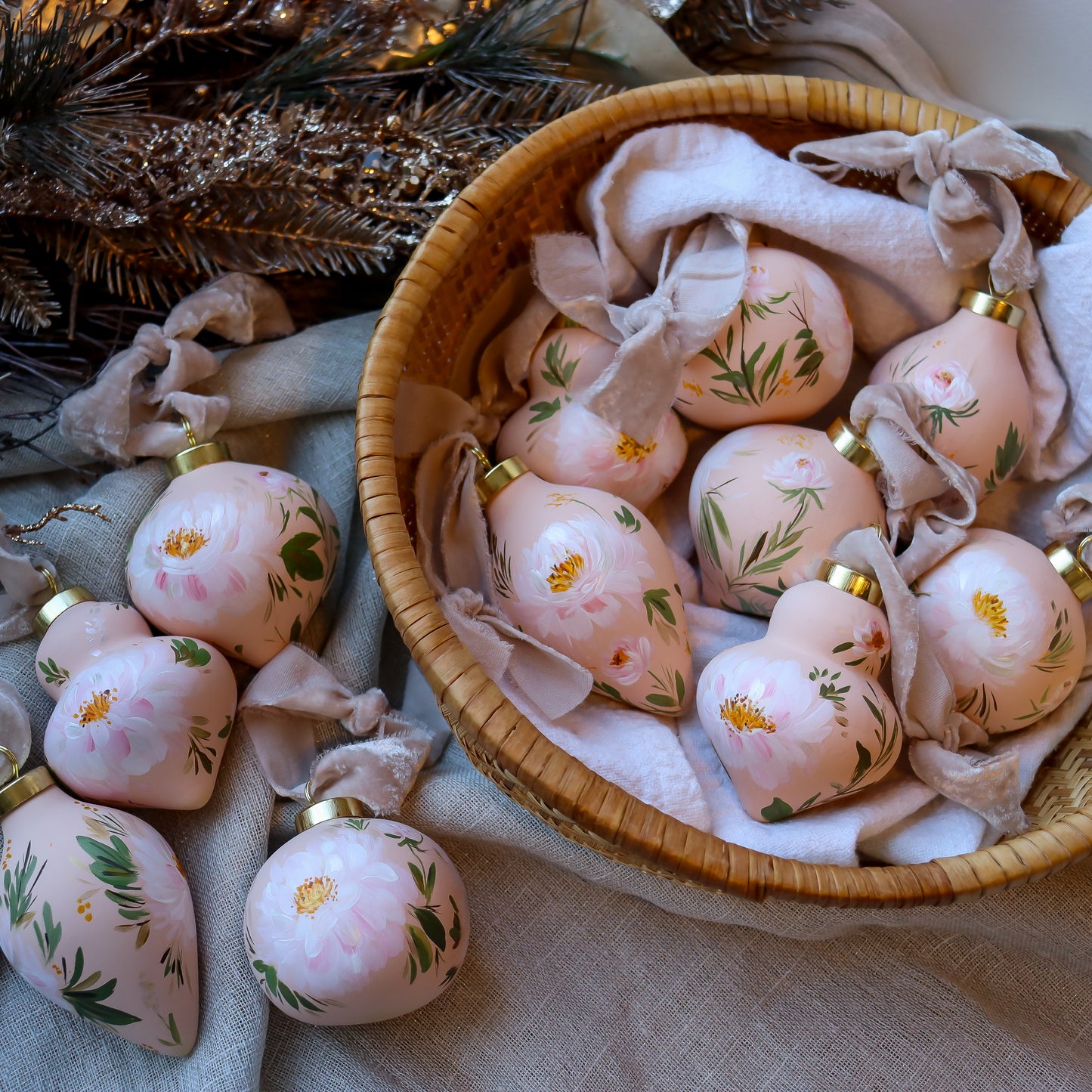 Peonies in Blush Round shaped Ceramic Ornament