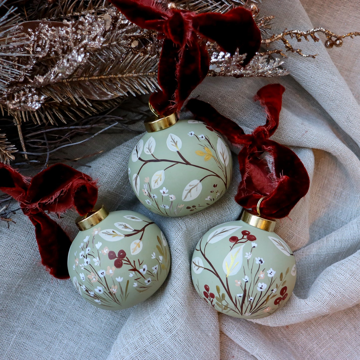 Botanicals in Sage Round Shaped Ceramic Ornament