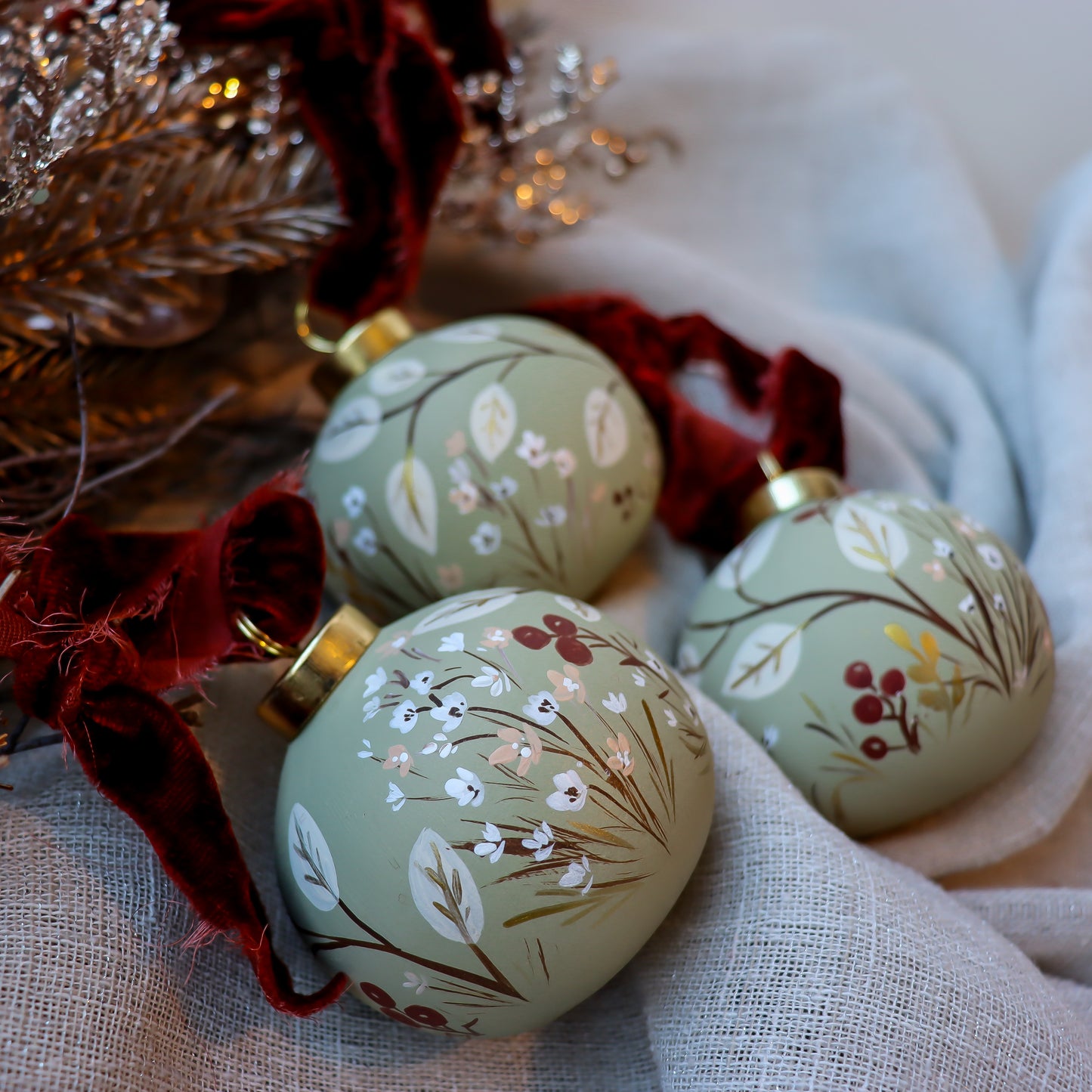 Botanicals in Sage Round Shaped Ceramic Ornament