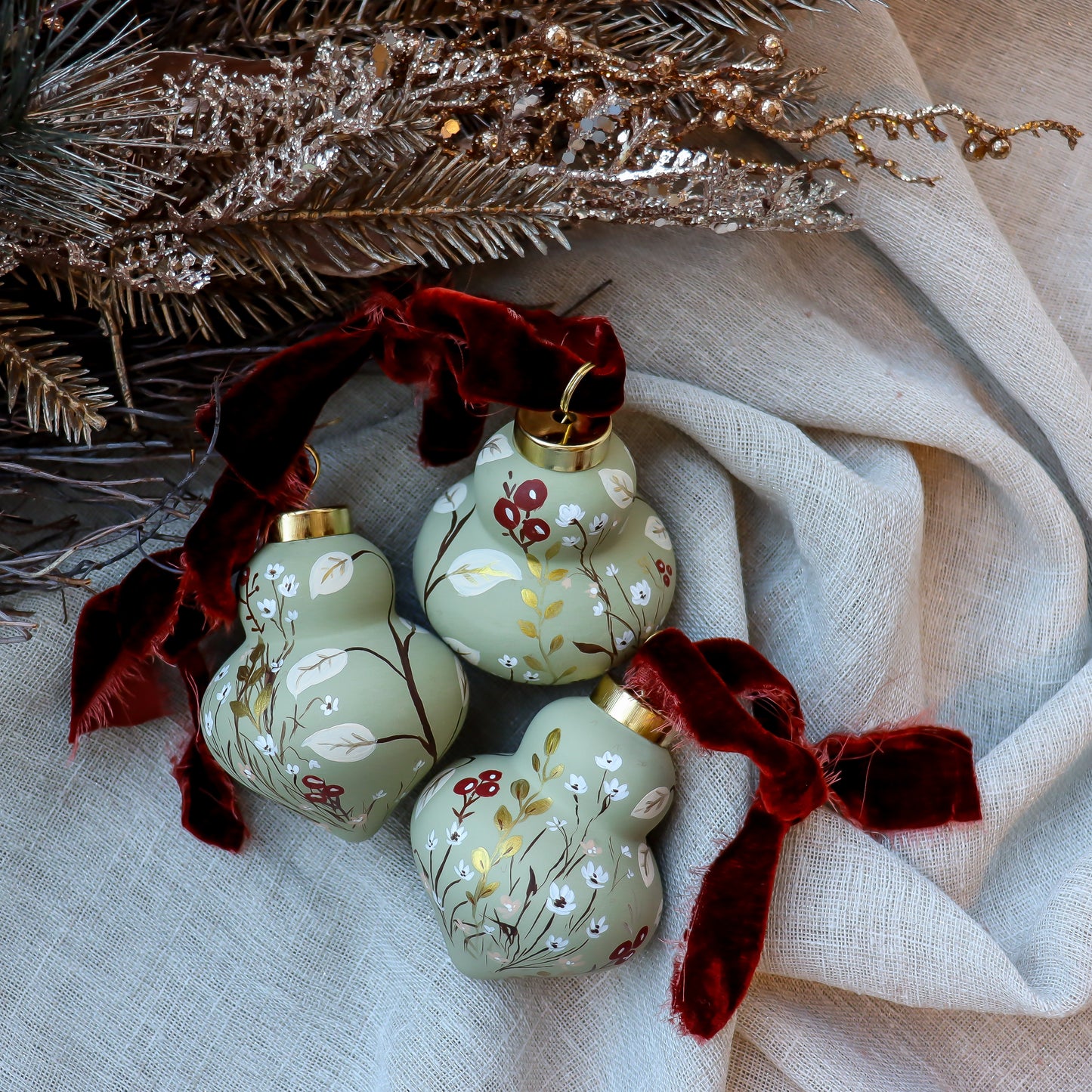 Botanicals in Sage Finial Shaped Ceramic Ornament