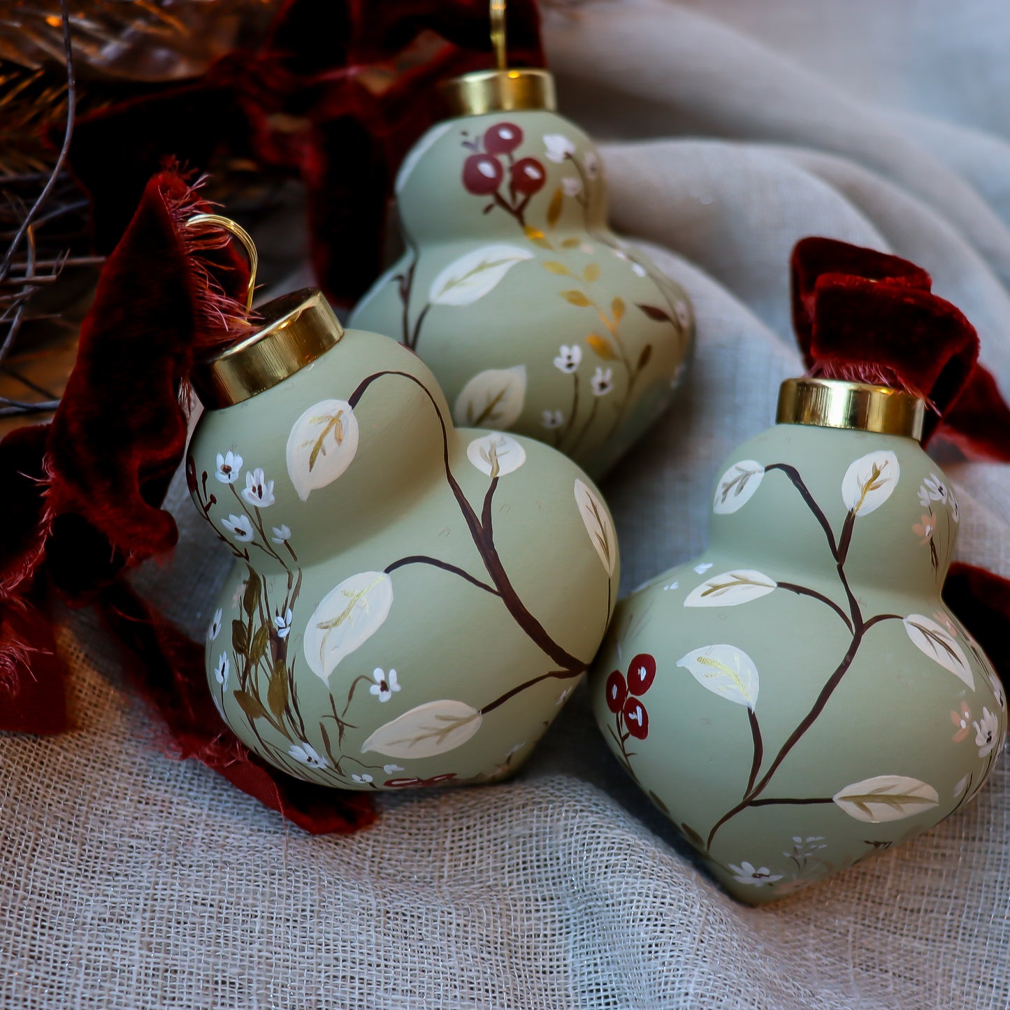 Botanicals in Sage Finial Shaped Ceramic Ornament