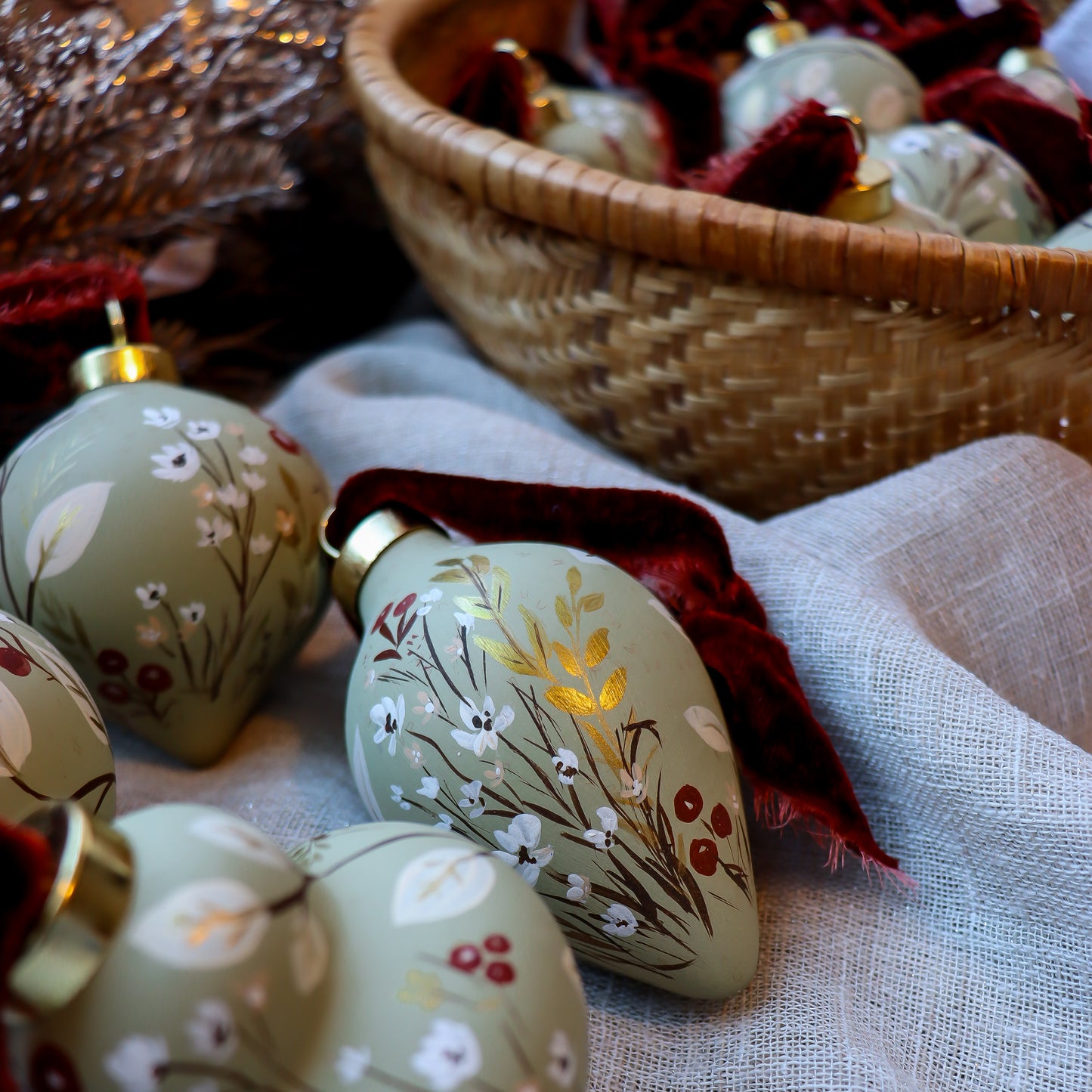 Botanicals in Sage Icicle Shaped Ceramic Ornament