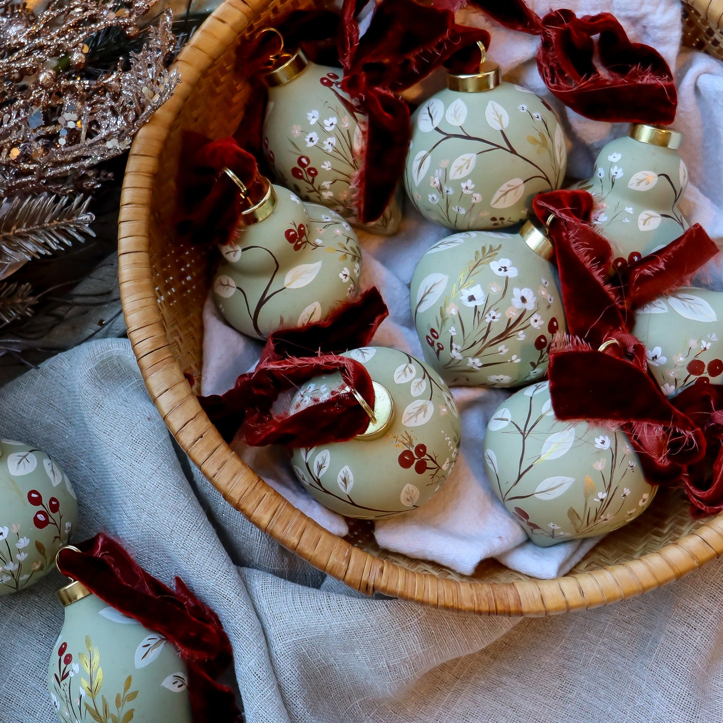 Botanicals in Sage Round Shaped Ceramic Ornament