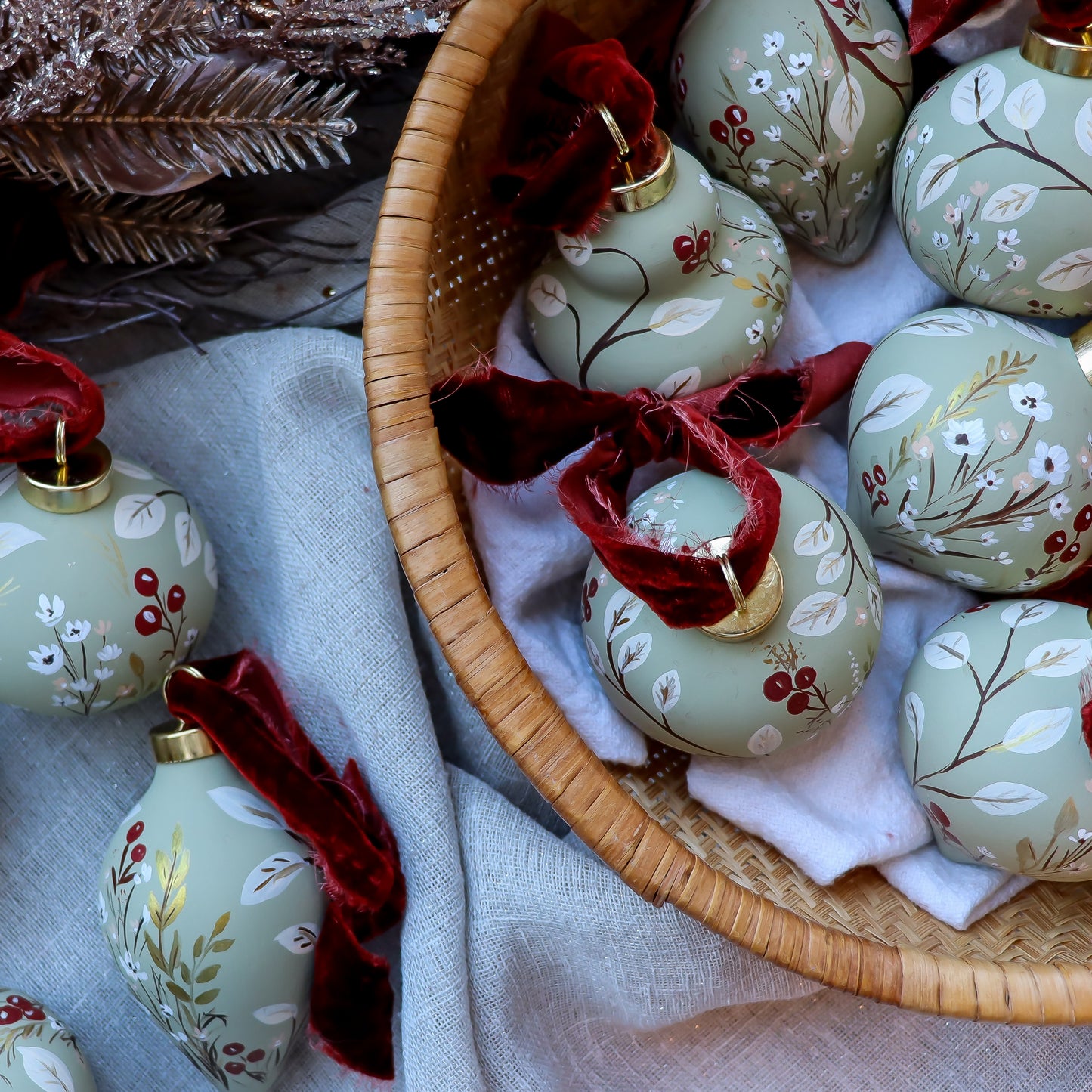 Botanicals in Sage Round Shaped Ceramic Ornament