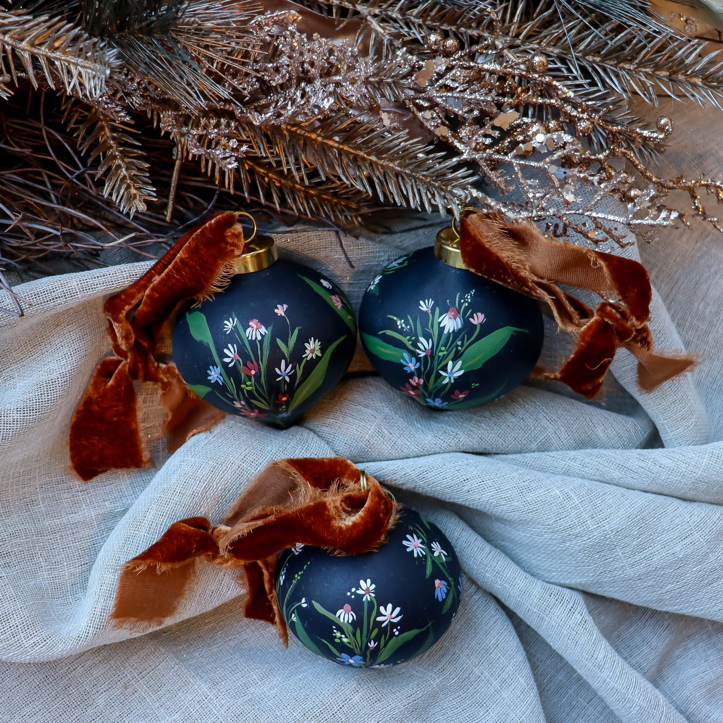 Wildflowers in Dark Navy Icicle Shaped Ceramic Ornament