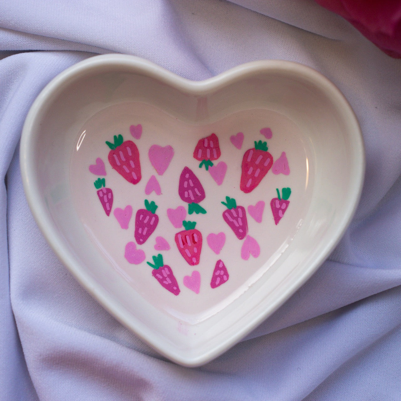 Strawberries and Hearts Pattern Ceramic Trinket Dish