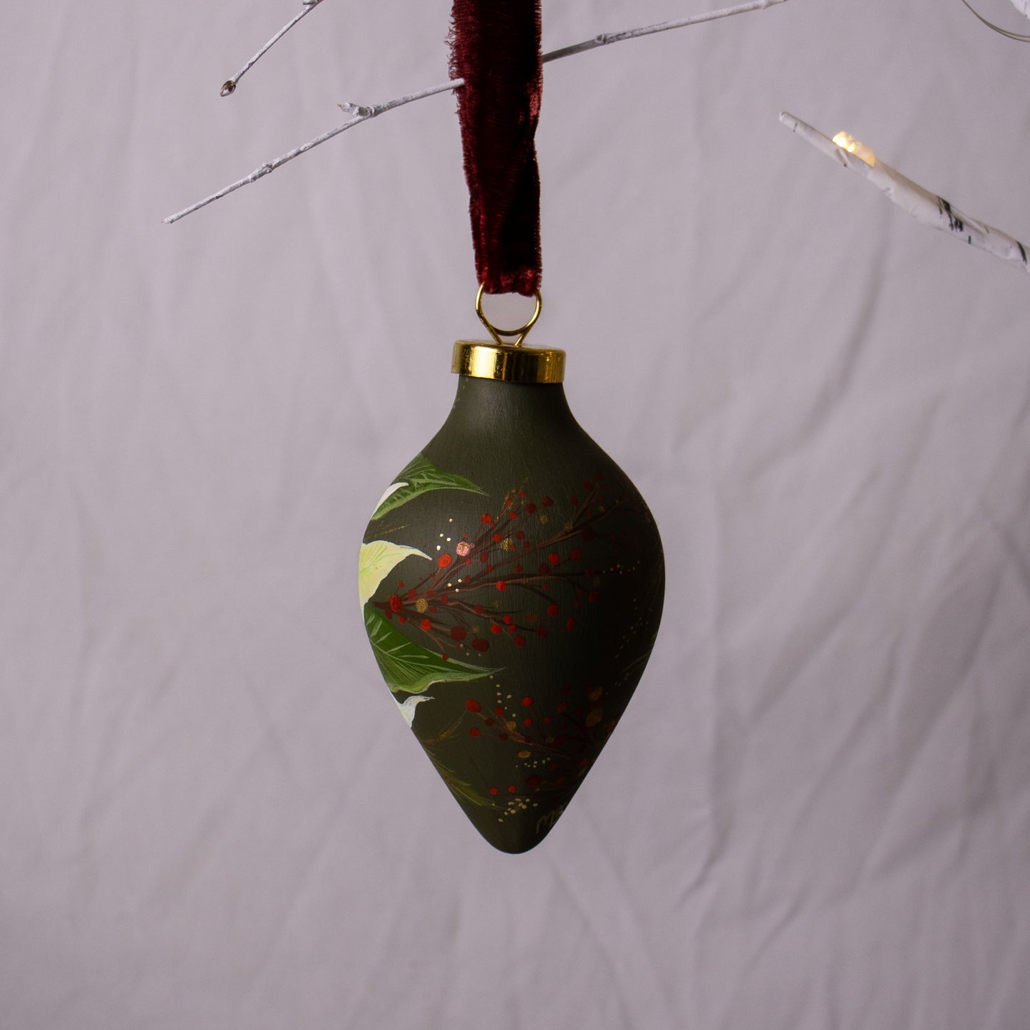 Poinsettia in Verte Icicle Shaped Ceramic Ornament