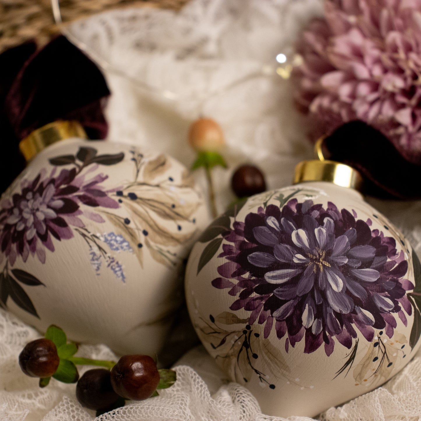 Black Cherry Dahlias Retro Shaped Ceramic Ornament