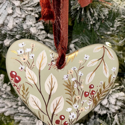 Botanicals in Sage Heart Shaped Ornament