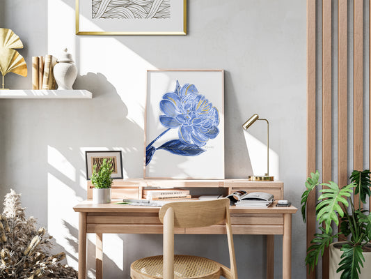 Navy Peony Watercolor Art Print