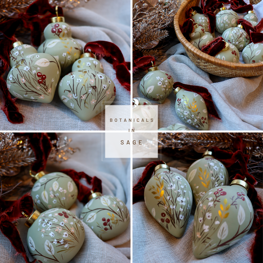 Botanicals in Sage Retro Shaped Ceramic Ornament