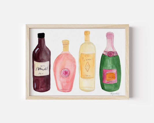 Wine and Champagne Bottles watercolor art print