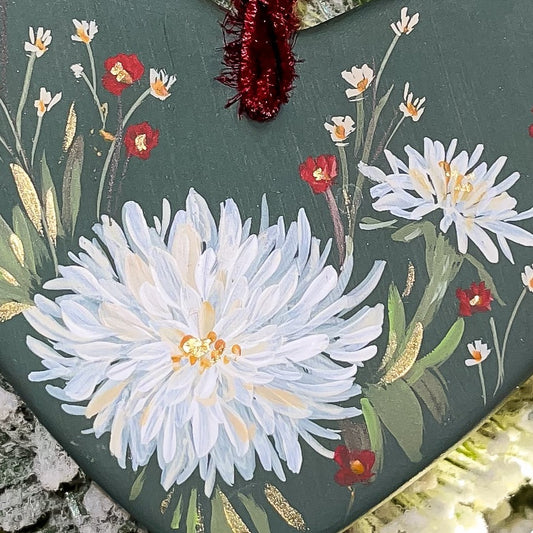 Dahlias in Verte Heart Shaped Ornament 1