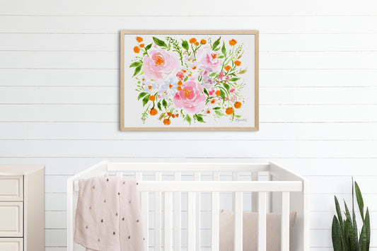 Floral Print Wall Art | Floral Artwork | Botanical Art | Girl Nursery Decor | Flowers Painting | Orange Burst