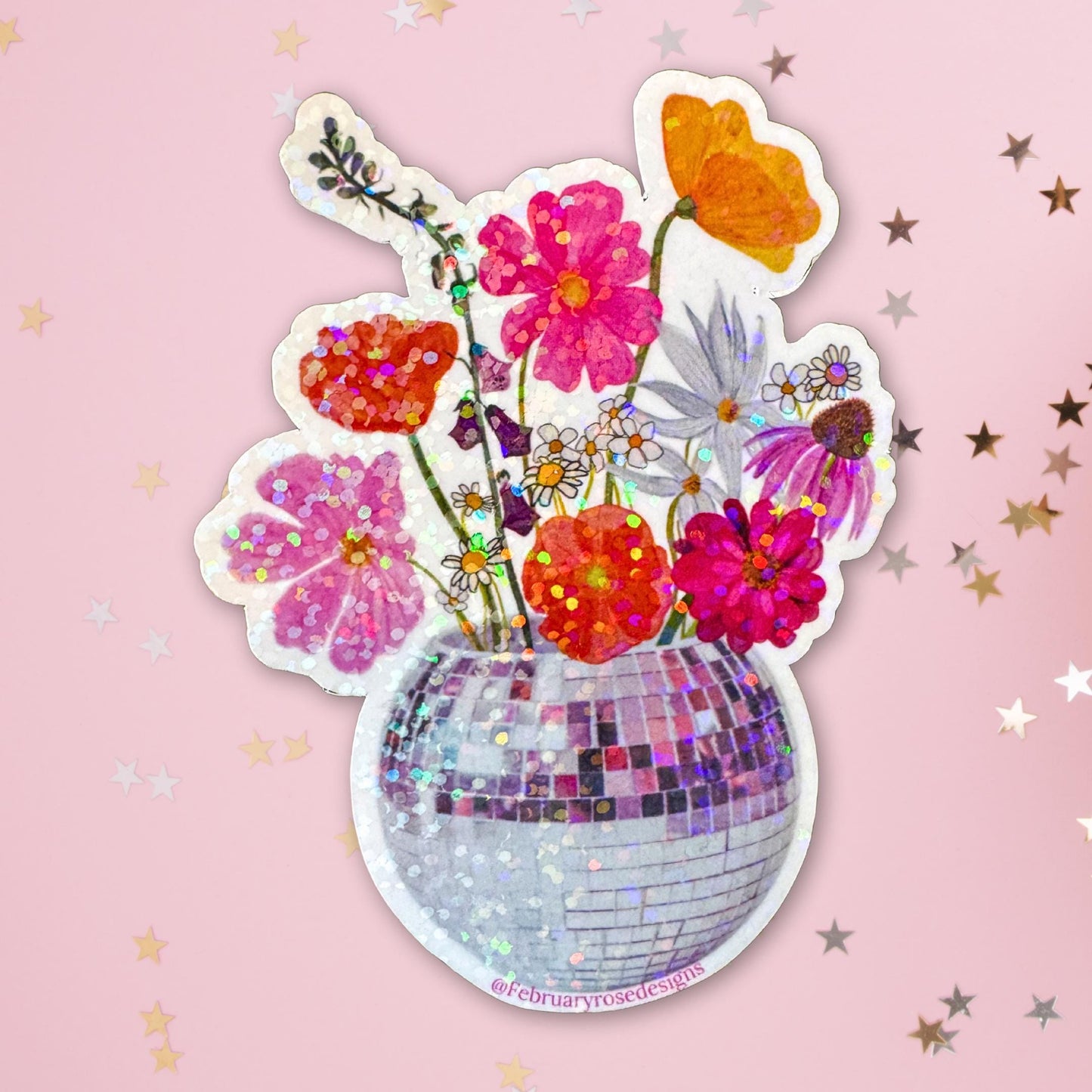 Sparkle Holographic Disco Flowers Sticker, Waterproof Vinyl Sticker, Disco Ball, Flower Sticker, Retro, Pink Flowers