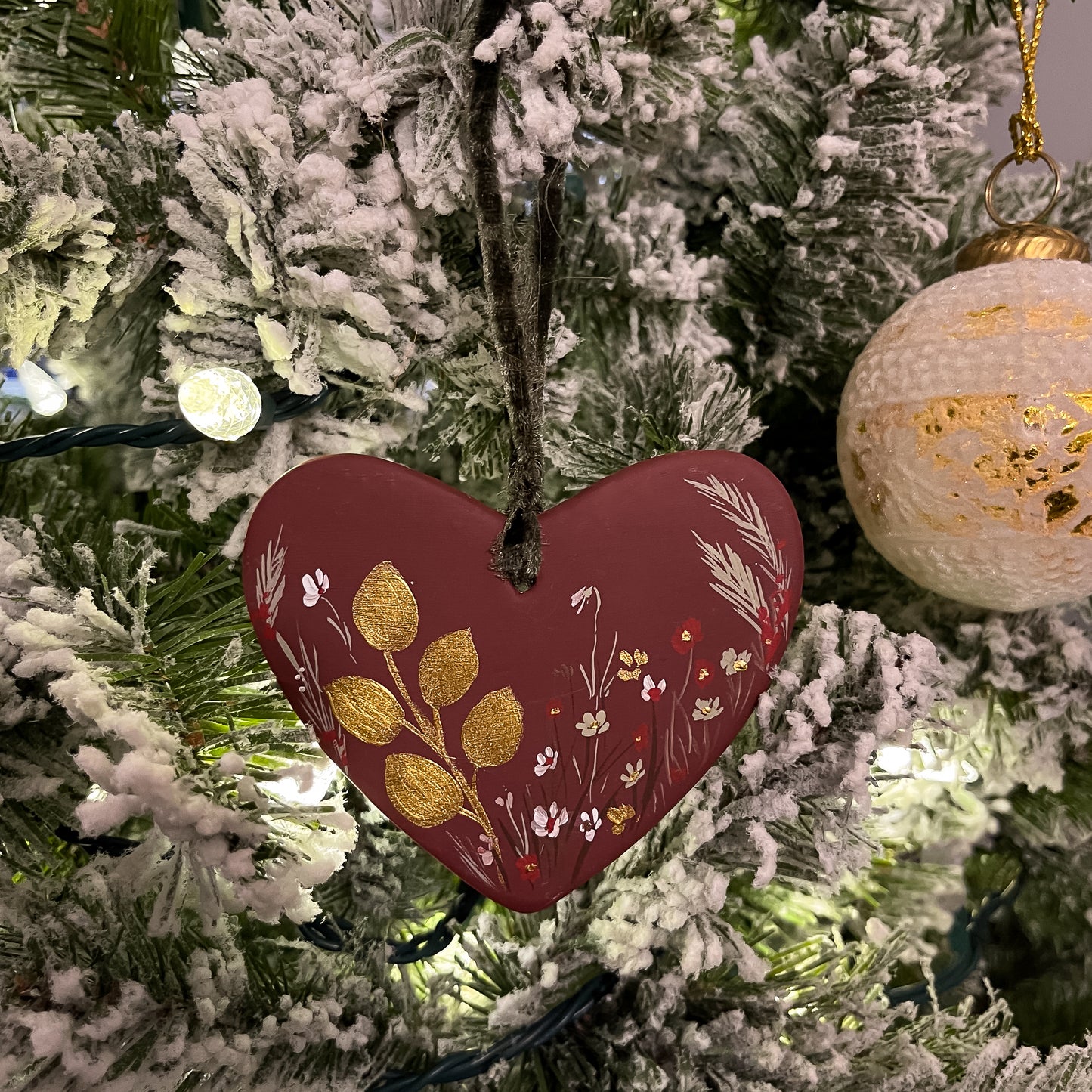 Botanicals in Scarlet Heart Shaped Ornament