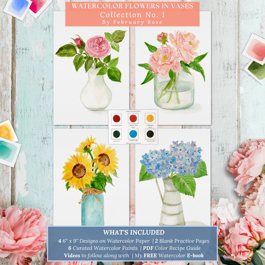 Watercolor Flowers in Vases Collection No. 1 Watercolor Coloring Pages Paint Kit - BEGINNER FRIENDLY TO ADVANCED