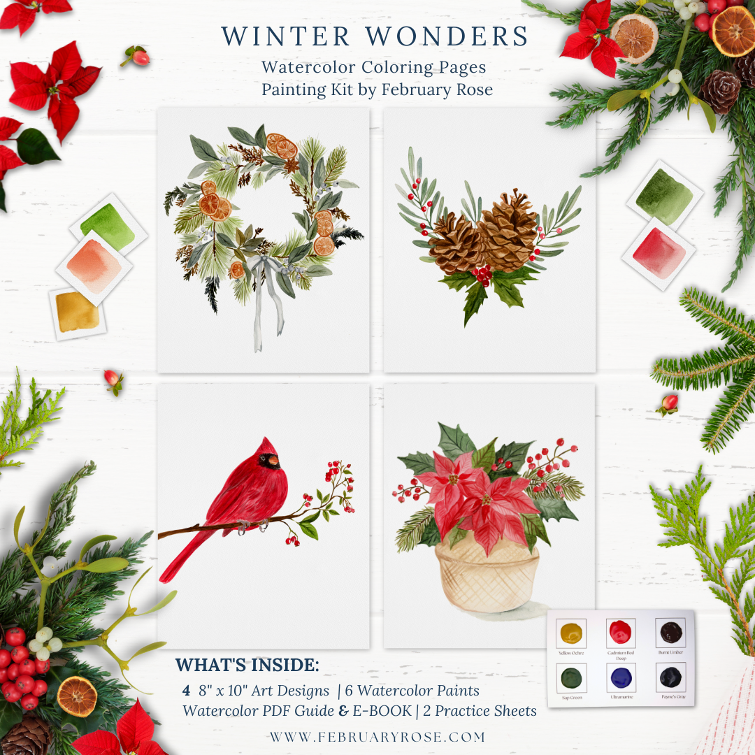 Winter Wonders Watercolor Coloring Pages Paint Kit- BEGINNER FRIENDLY TO ADVANCED