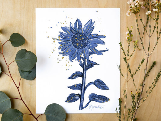 Navy Sunflower Watercolor Art Print
