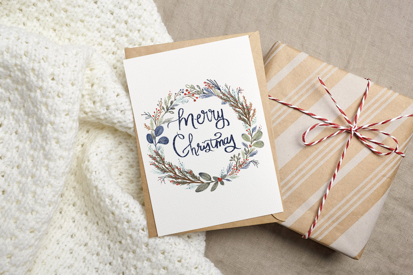 Merry Christmas Wreath Holiday Greeting Card