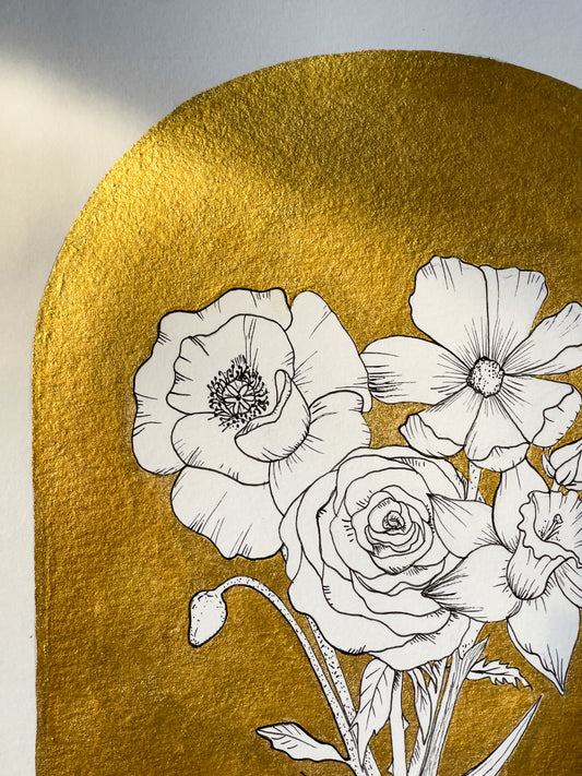 Custom Family Birth Flower Line Art Bouquet with Metallic Painted Background