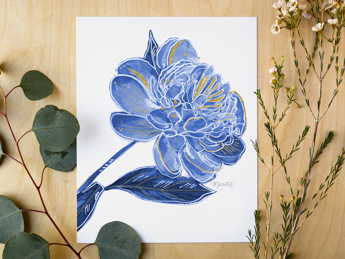 Navy Peony Watercolor Art Print
