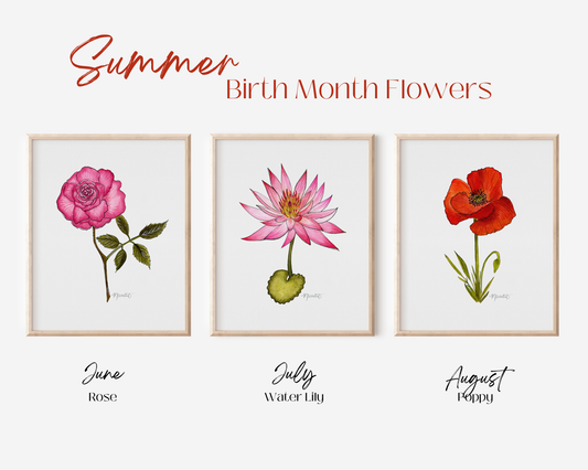 August Poppy Lily Watercolor Birth Month Flower Botanical Art Print
