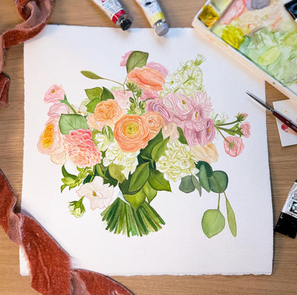 Custom Watercolor Special Occasion, Wedding, Anniversary Floral Bouquet Painting